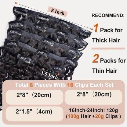 PU Clip In Hair Extensions - #1B Deep Wave Human Hair