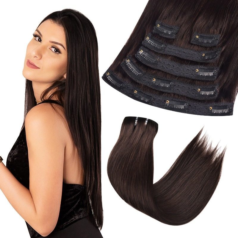 Lace Clip In Hair Extensions - #2 Brown Straight Human Hair
