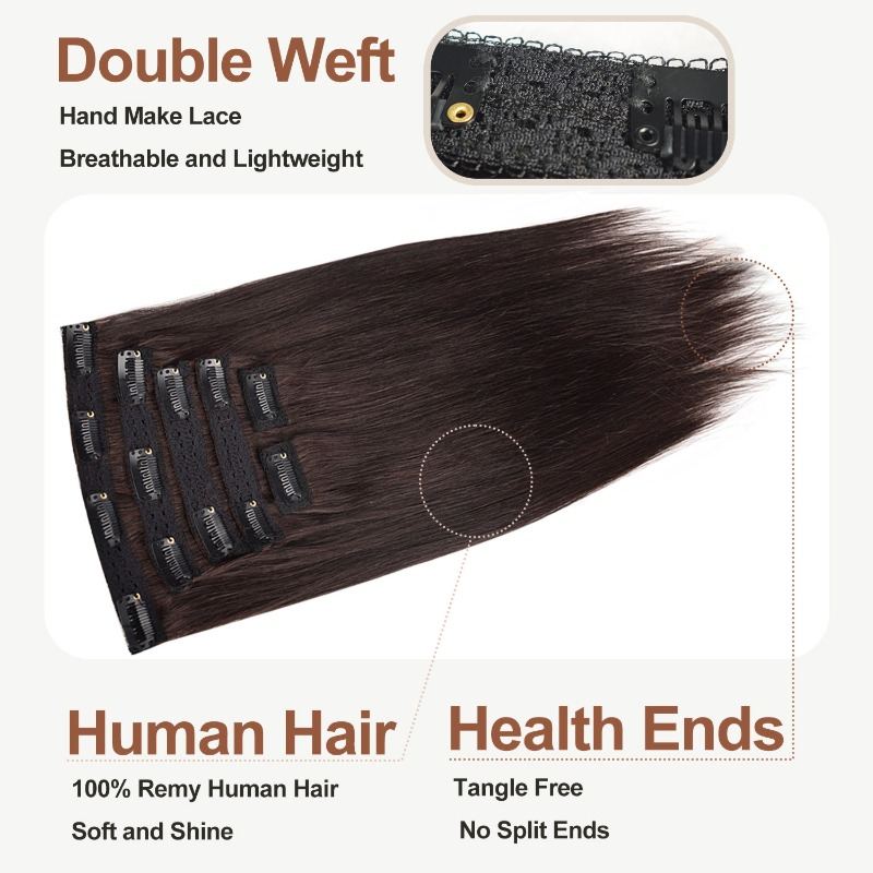 Lace Clip In Hair Extensions - #2 Brown Straight Human Hair