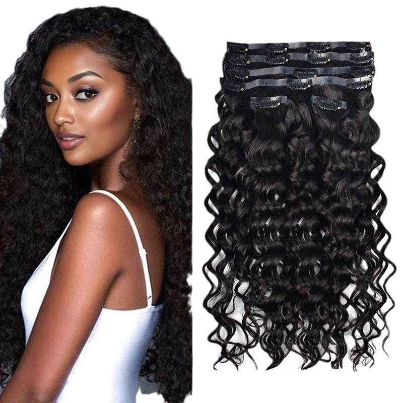 PU Clip In Hair Extensions - #1B Italian Curly Human Hair
