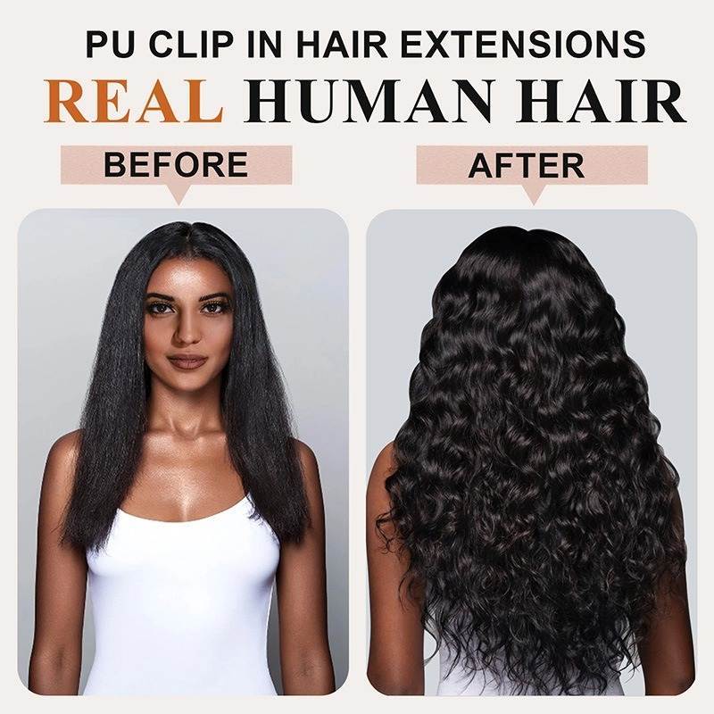 PU Clip In Hair Extensions - #1B Italian Curly Human Hair