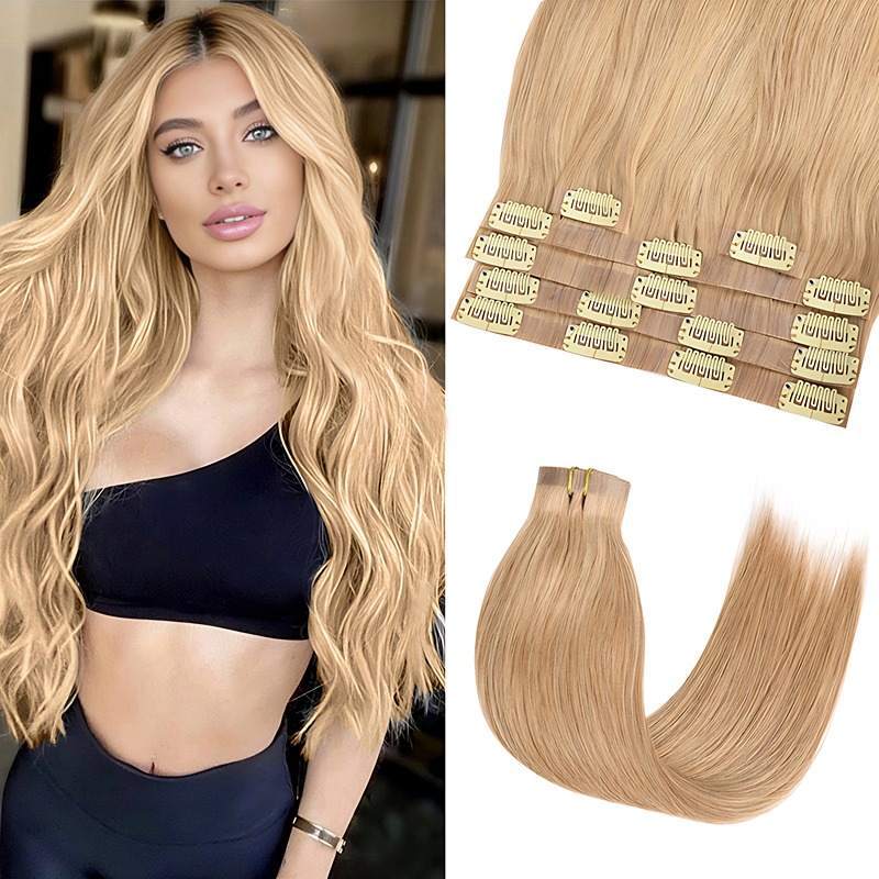 PU Clip In Hair Extensions - #18 Blonde Straight Human Hair