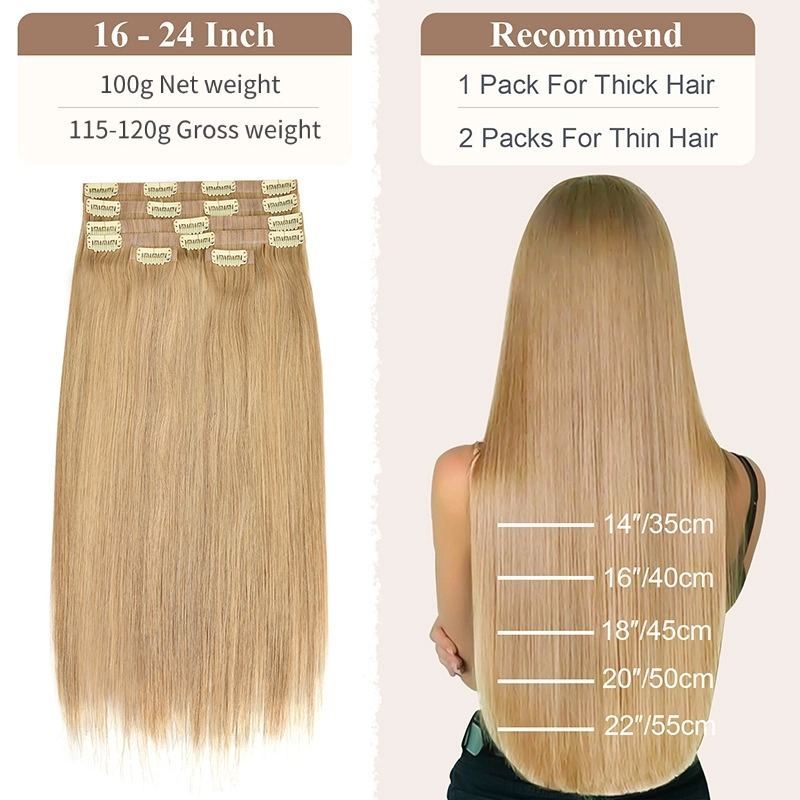 PU Clip In Hair Extensions - #18 Blonde Straight Human Hair