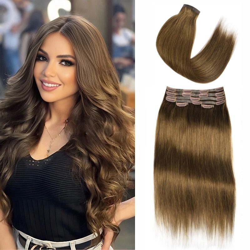 PU Clip In Hair Extensions - #4 Brown Straight Human Hair