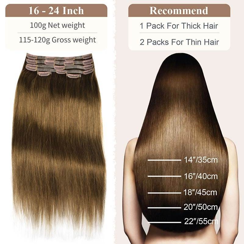 PU Clip In Hair Extensions - #4 Brown Straight Human Hair