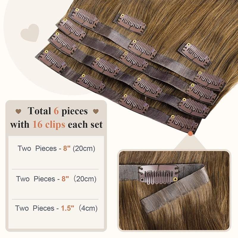 PU Clip In Hair Extensions - #4 Brown Straight Human Hair