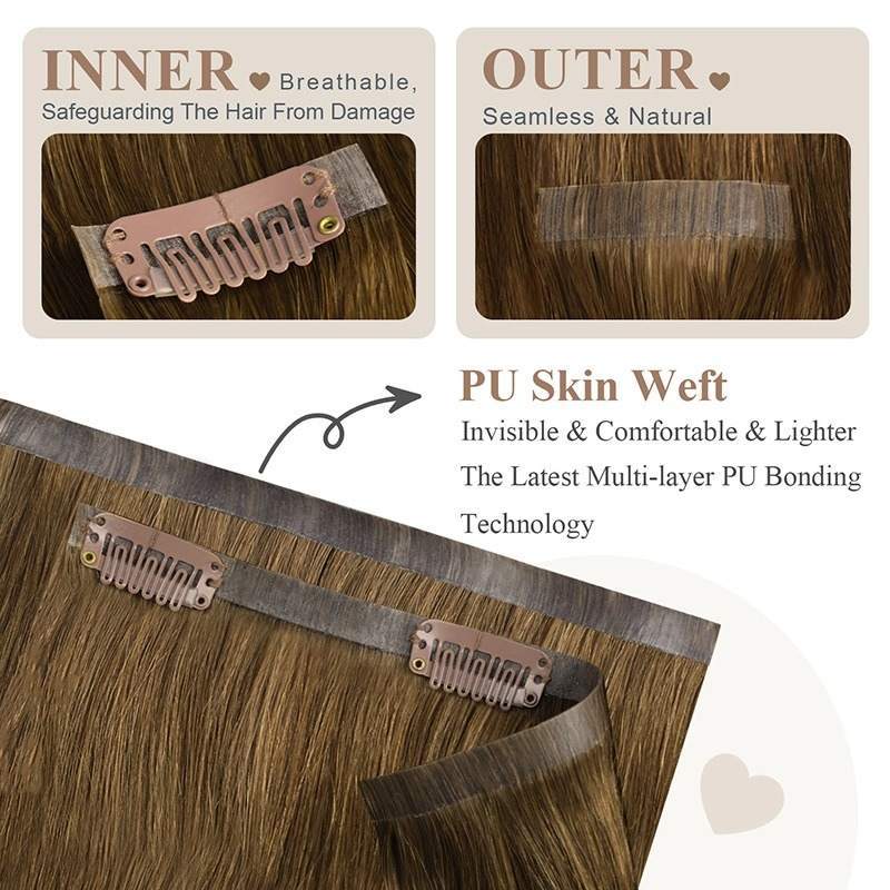 PU Clip In Hair Extensions - #4 Brown Straight Human Hair
