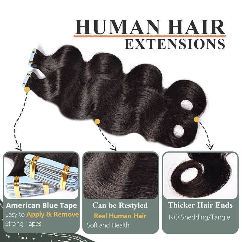 Tape In Hair Extensions - #1B Body Wave Human Hair