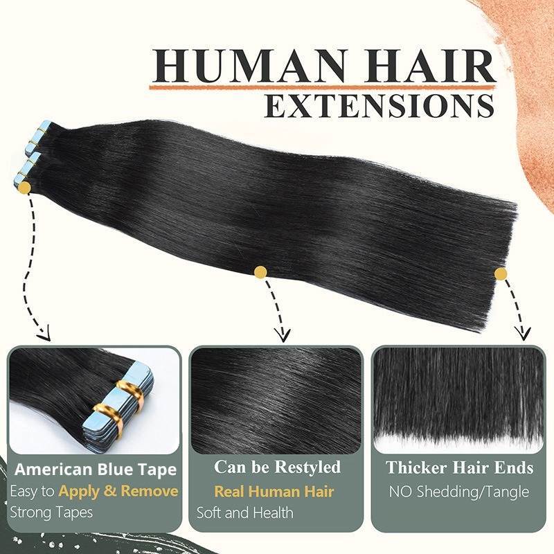 Tape In Hair Extensions - #1B Straight Human Hair