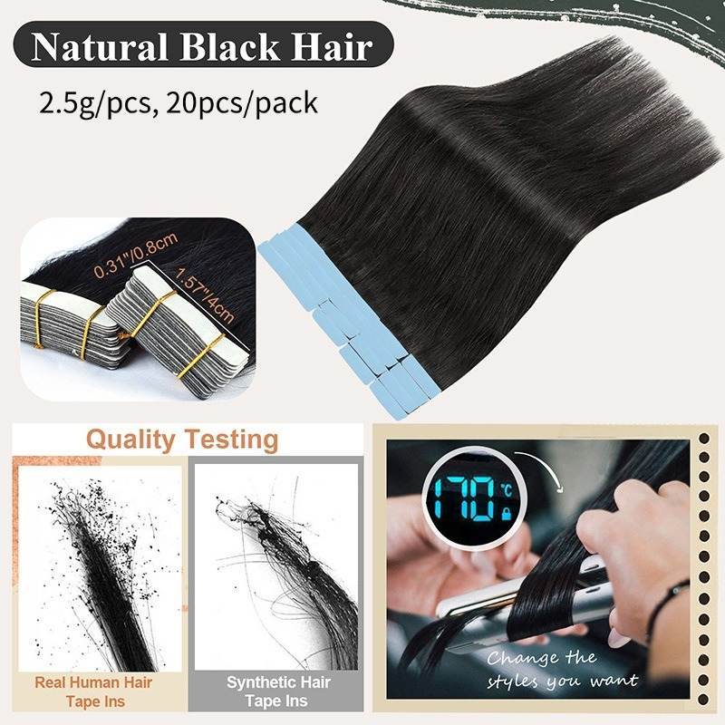 Tape In Hair Extensions - #1B Straight Human Hair