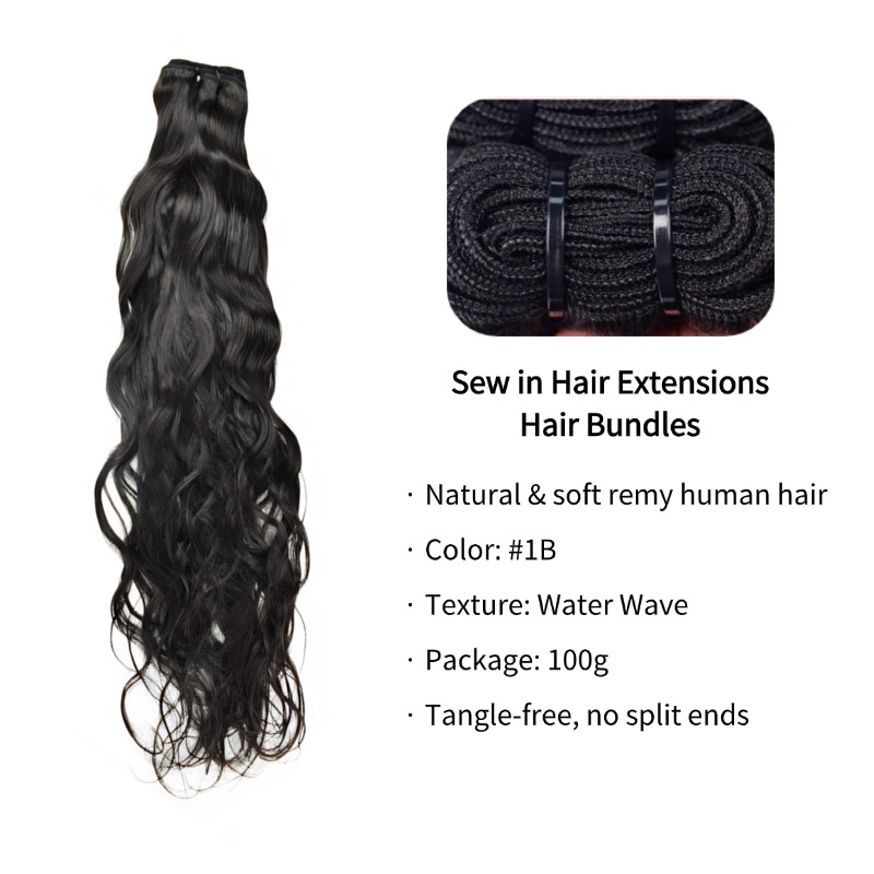 Sew In Hair Extensions - #1B Water Wave Human Hair Bundles