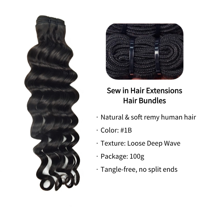 Sew In Hair Extensions - #1B Loose Deep Wave Human Hair