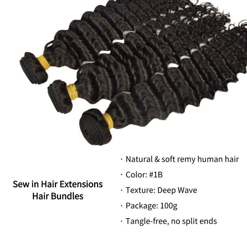 Sew In Hair Extensions - #1B Deep Wave Human Hair