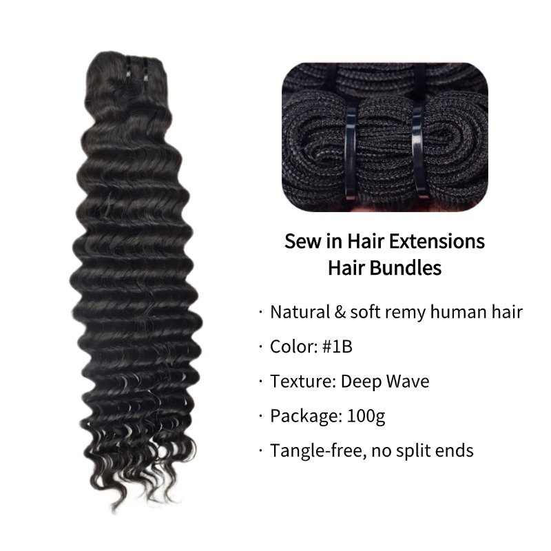 Sew In Hair Extensions - #1B Deep Wave Human Hair Bundles