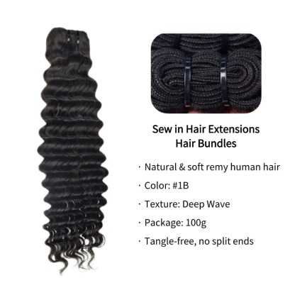 Sew In Hair Extensions - #1B Deep Wave Human Hair Bundles