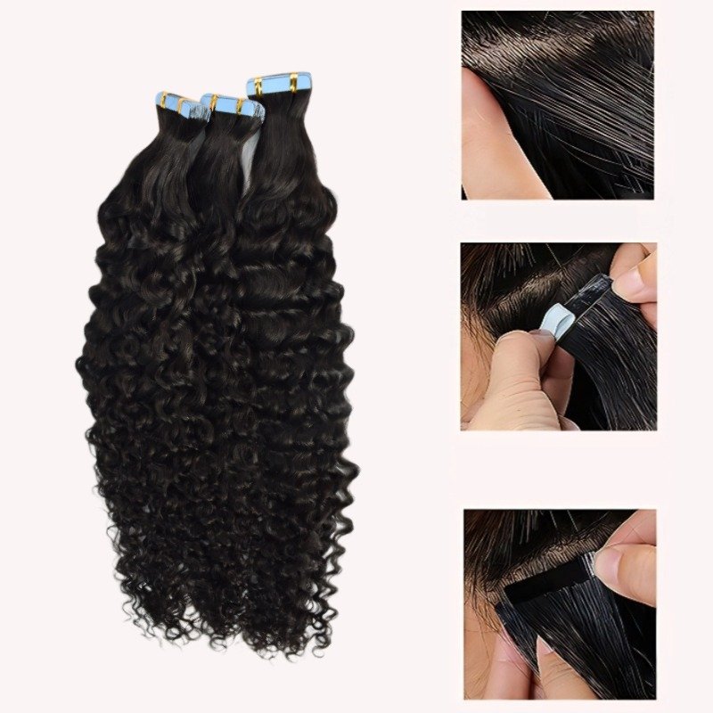 Tape In Hair Extensions - #1B Deep Curly Human Hair