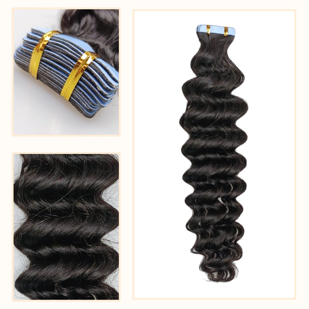 Tape In Hair Extensions - #1B Deep Wave Human Hair