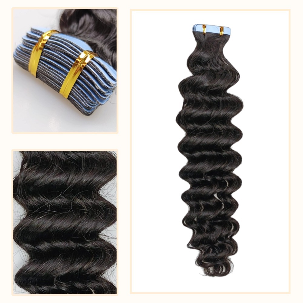 Tape In Hair Extensions - #1B Deep Wave Human Hair
