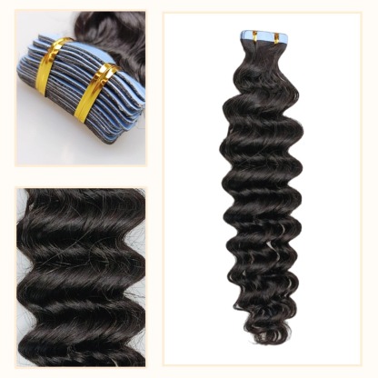 Tape In Hair Extensions - #1B Deep Wave Human Hair