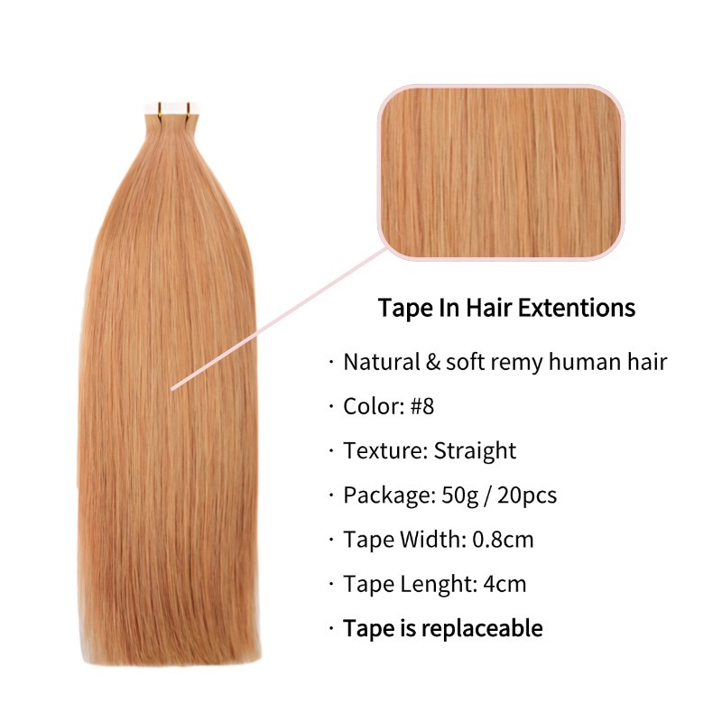 Tape In Hair Extensions - #8 Brown Straight Human Hair