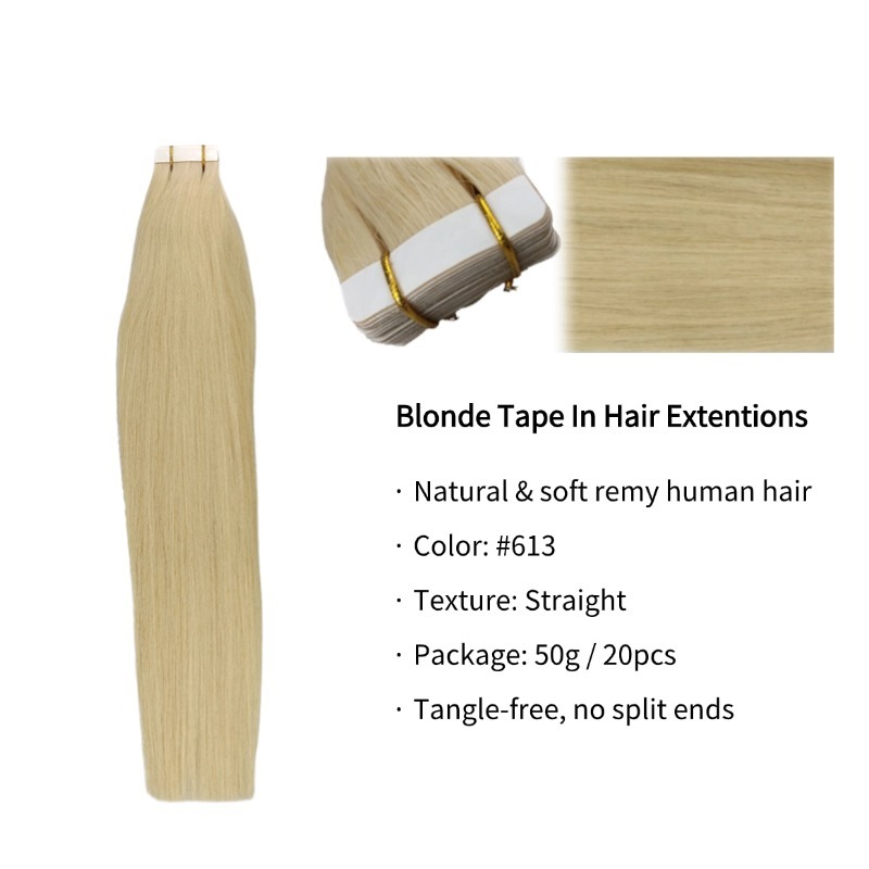 Tape In Hair Extensions - #613 Blonde Straight Human Hair