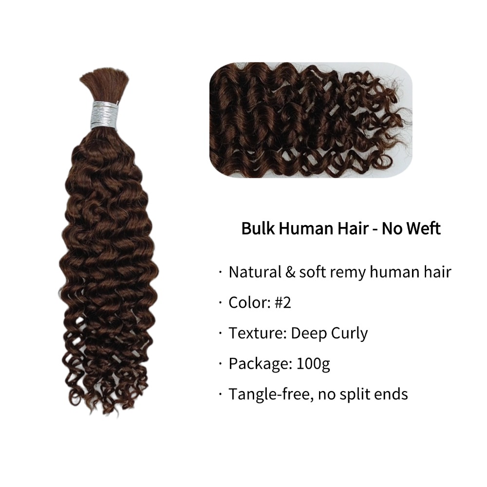 Bulk Human Hair - #2 Dark Brown Deep Curly Braiding Hair