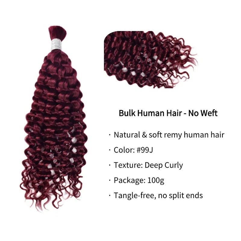 Deep Curly Bulk Human Hair - #99J Burgundy Braiding Hair
