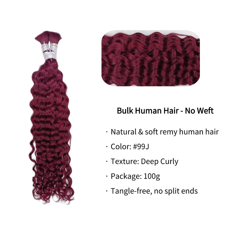 Bulk Human Hair - #99J Burgundy Deep Curly Braiding Hair