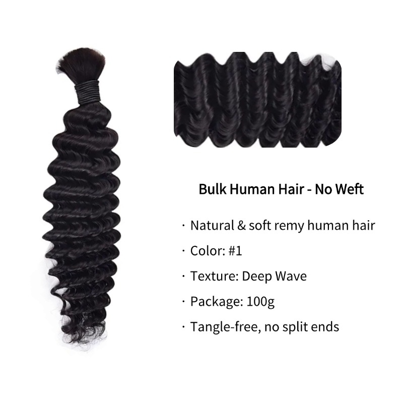 Deep Wave Bulk Human Hair - #1 Braiding Hair