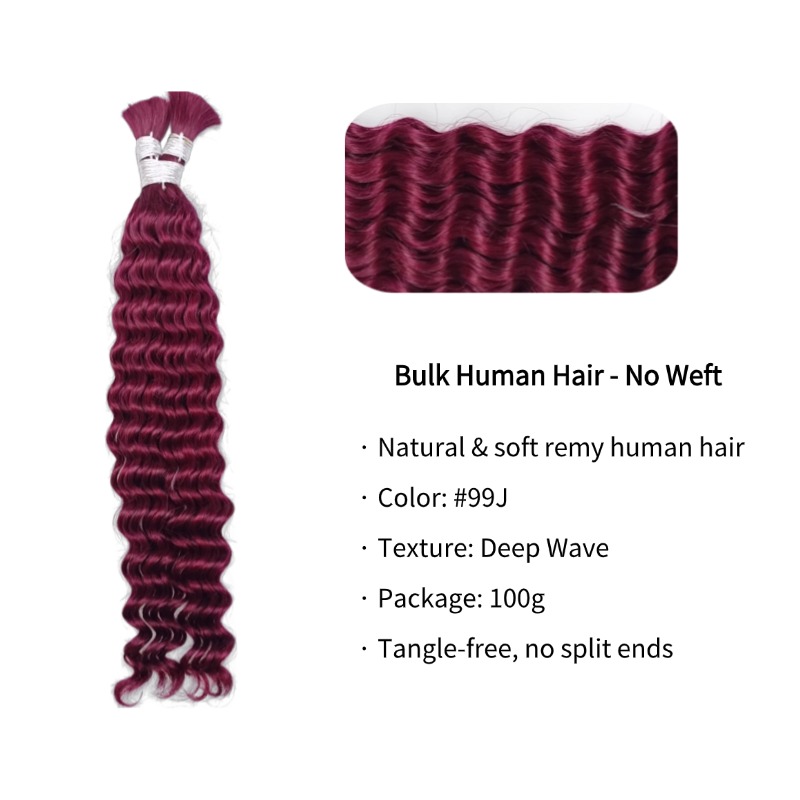 Bulk Human Hair - #99J Burgundy Deep Wave Braiding Hair