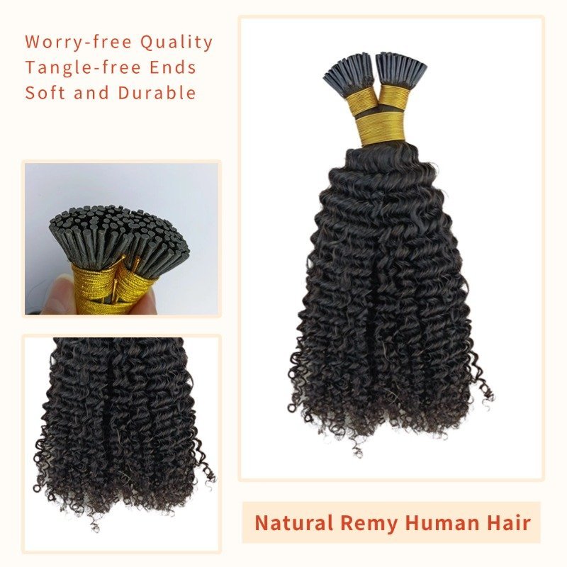 I-Tip Hair Extensions - #1B Kinky Curly Human Hair