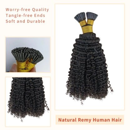 I-Tip Hair Extensions - #1B Kinky Curly Human Hair