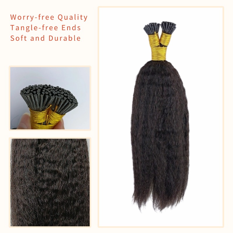 I-Tip Hair Extensions - #1B Kinky Straight Human Hair