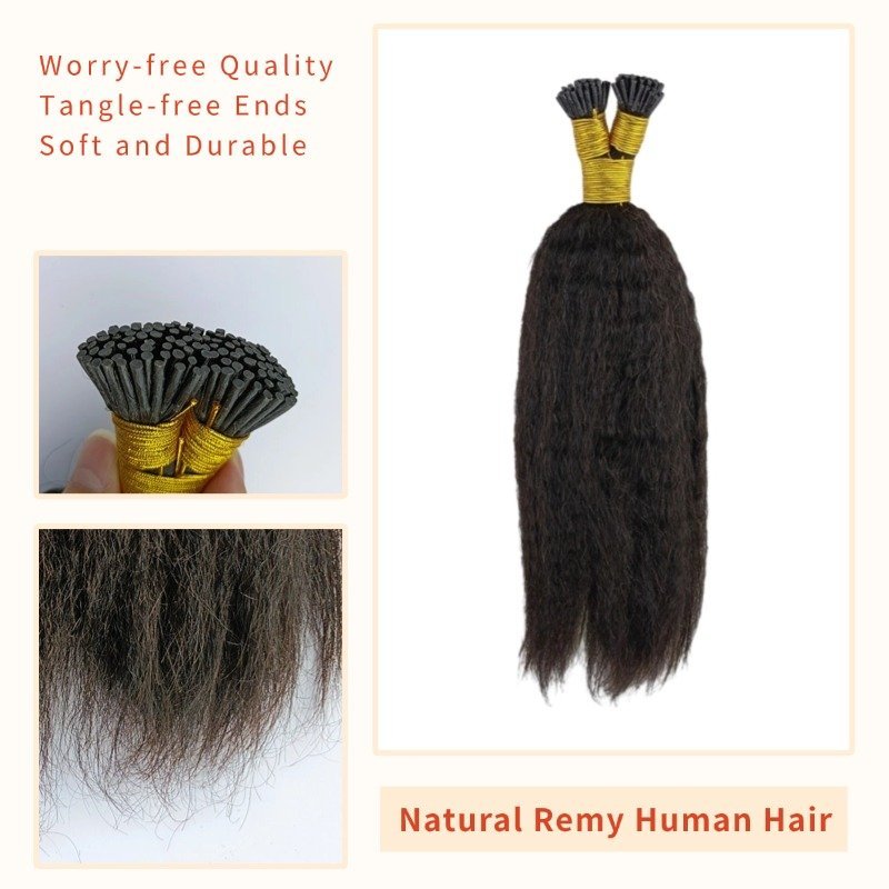 I-Tip Hair Extensions - #1B Kinky Straight Human Hair