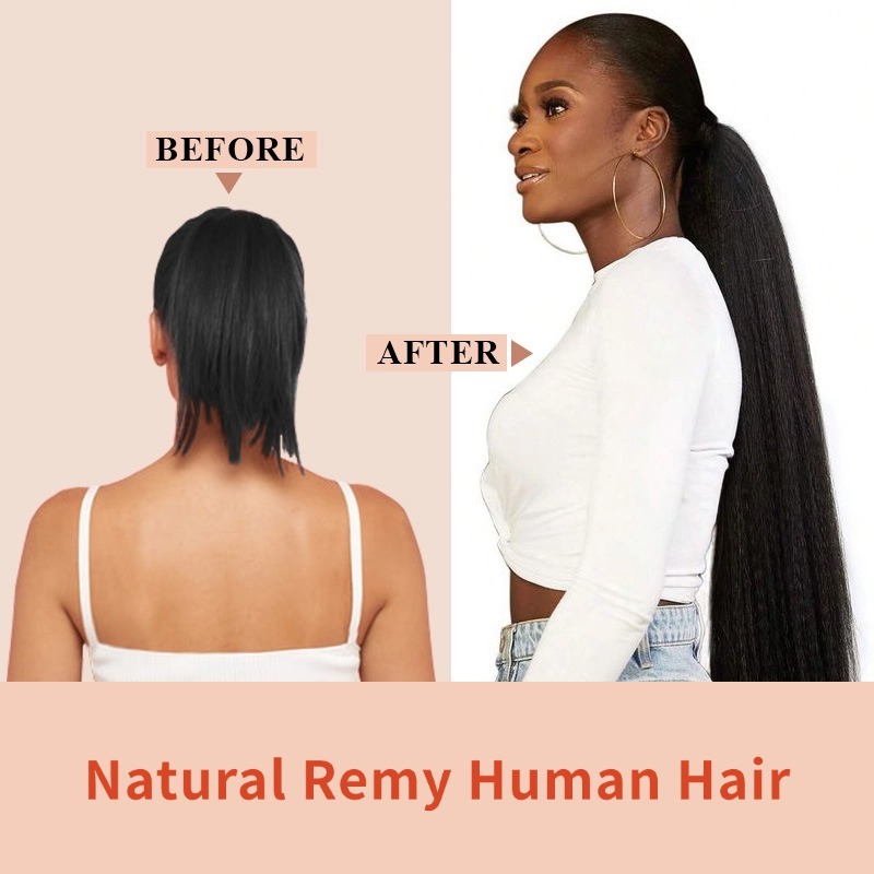 Ponytail Hair Extensions - #1B Kinky Straight Human Hair
