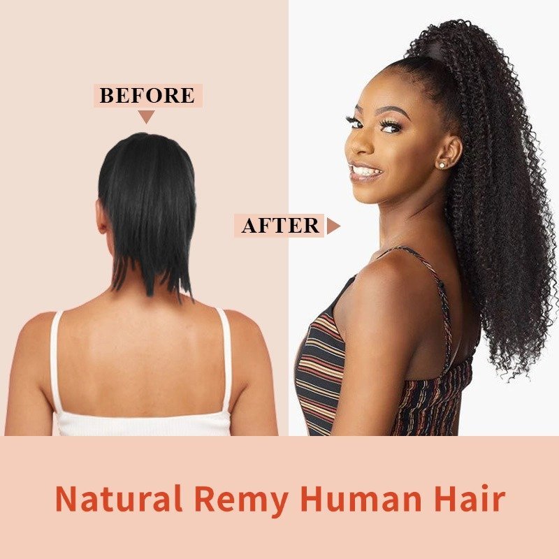 Ponytail Hair Extensions - #1B Kinky Curly Human Hair