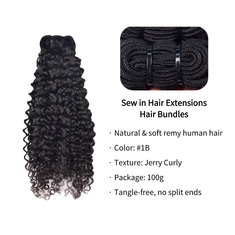 Sew In Hair Extensions - #1B Jerry Curly Human Hair Bundles