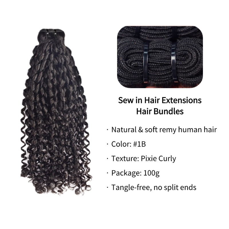 Sew In Hair Extensions - #1B Pixie Curly Human Hair