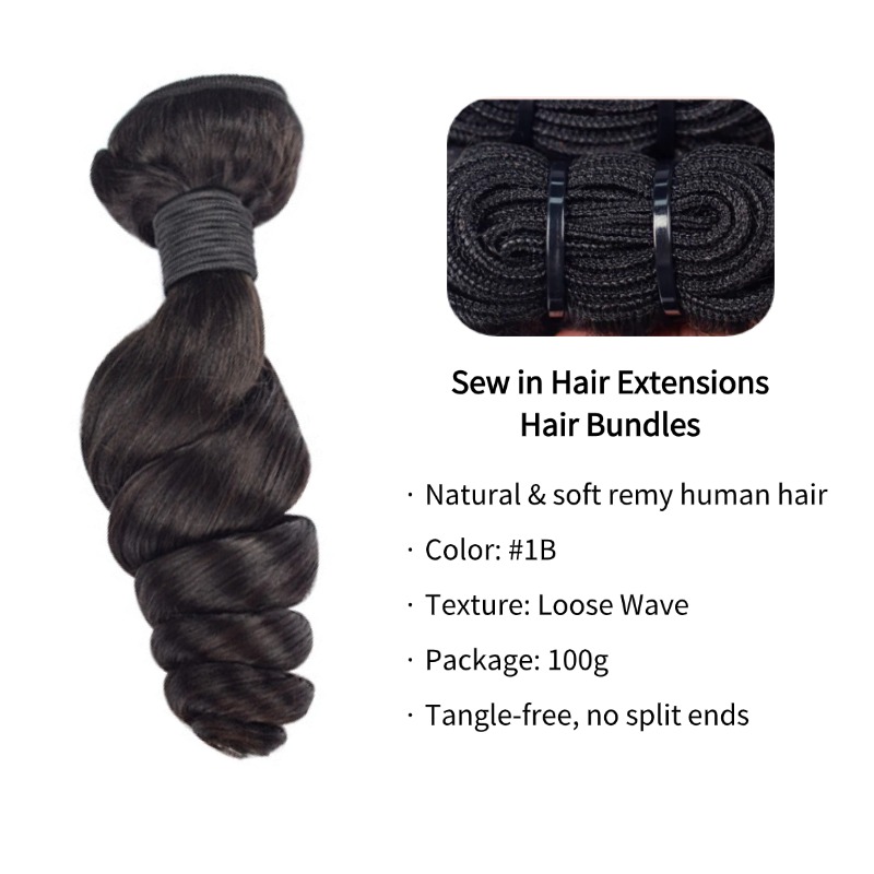 Sew In Hair Extensions - #1B Loose Wave Human Hair