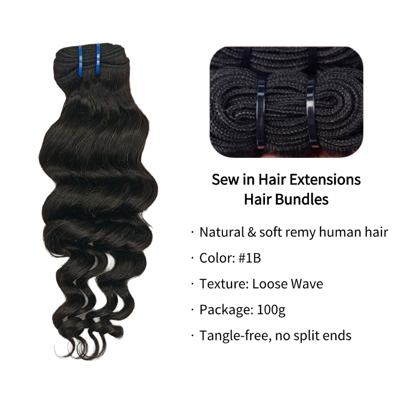 Sew In Hair Extensions - #1B Loose Wave Human Hair
