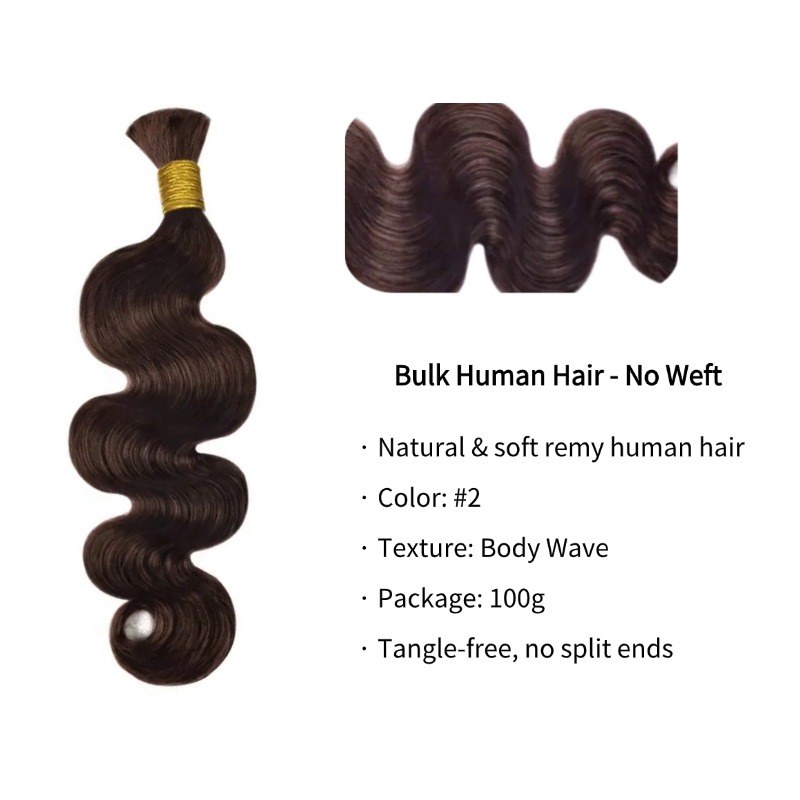 Body Wave Bulk Human Hair - #2 Dark Brown Braiding Hair