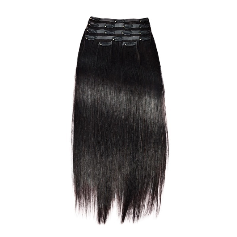 PU Clip In Hair Extensions - #1B Straight Human Hair