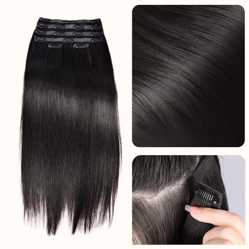 PU Clip In Hair Extensions - #1B Straight Human Hair