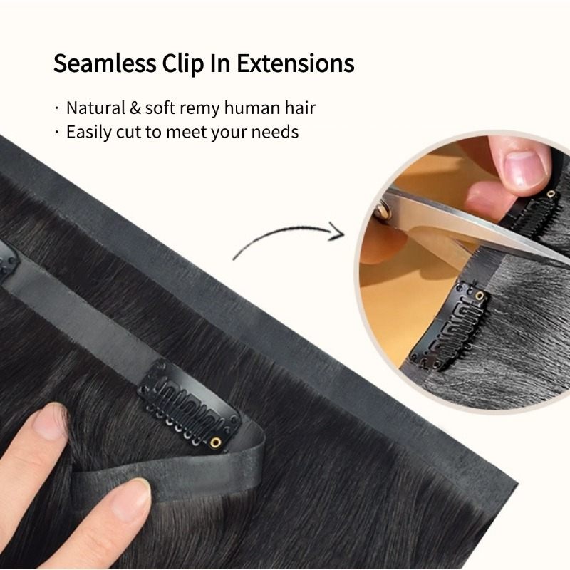 PU Clip In Hair Extensions - #1B Straight Human Hair