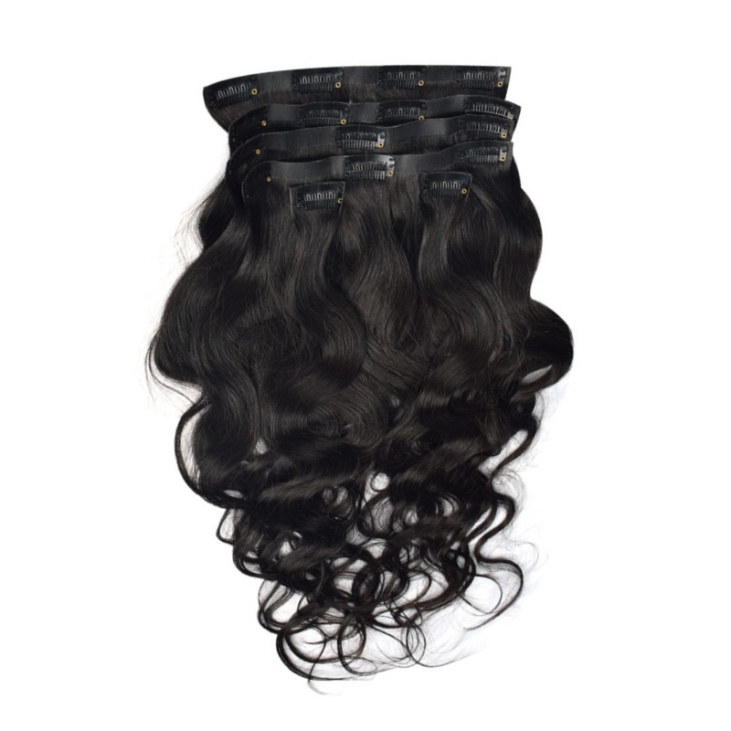 PU Clip In Hair Extensions - #1B Body Wave Human Hair