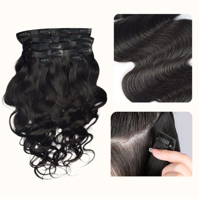 PU Clip In Hair Extensions - #1B Body Wave Human Hair