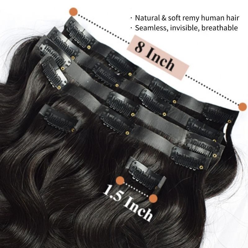 PU Clip In Hair Extensions - #1B Body Wave Human Hair