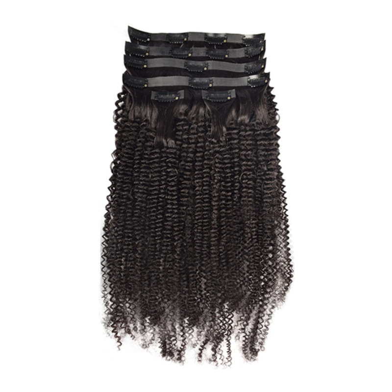 PU Clip In Hair Extensions - #1B Kinky Curly Human Hair