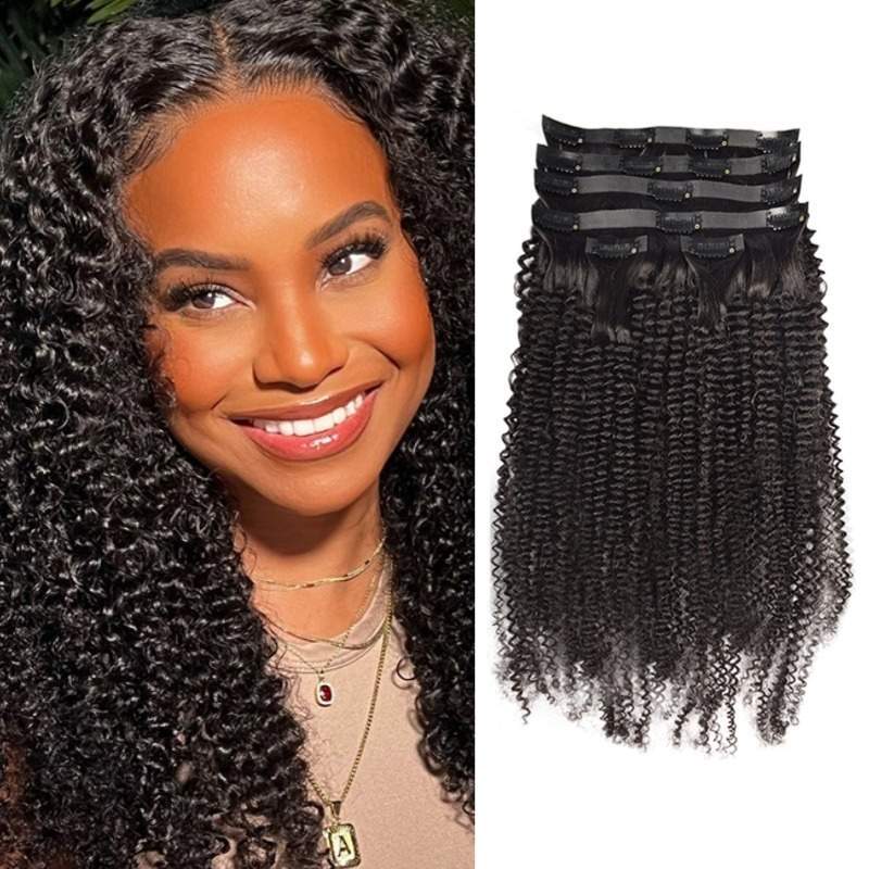 PU Clip In Hair Extensions - #1B Kinky Curly Human Hair