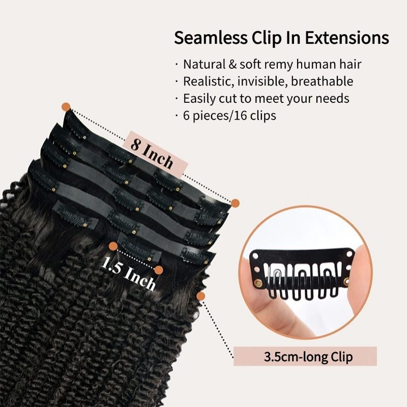 PU Clip In Hair Extensions - #1B Kinky Curly Human Hair